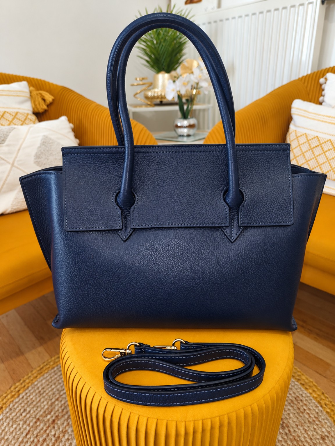 Sac à main cabas en cuir marine